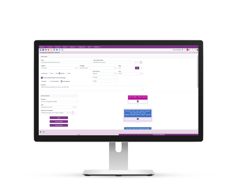 monitor de computador com tela de automação de marketing do sistema para clínicas de estética Belle Software